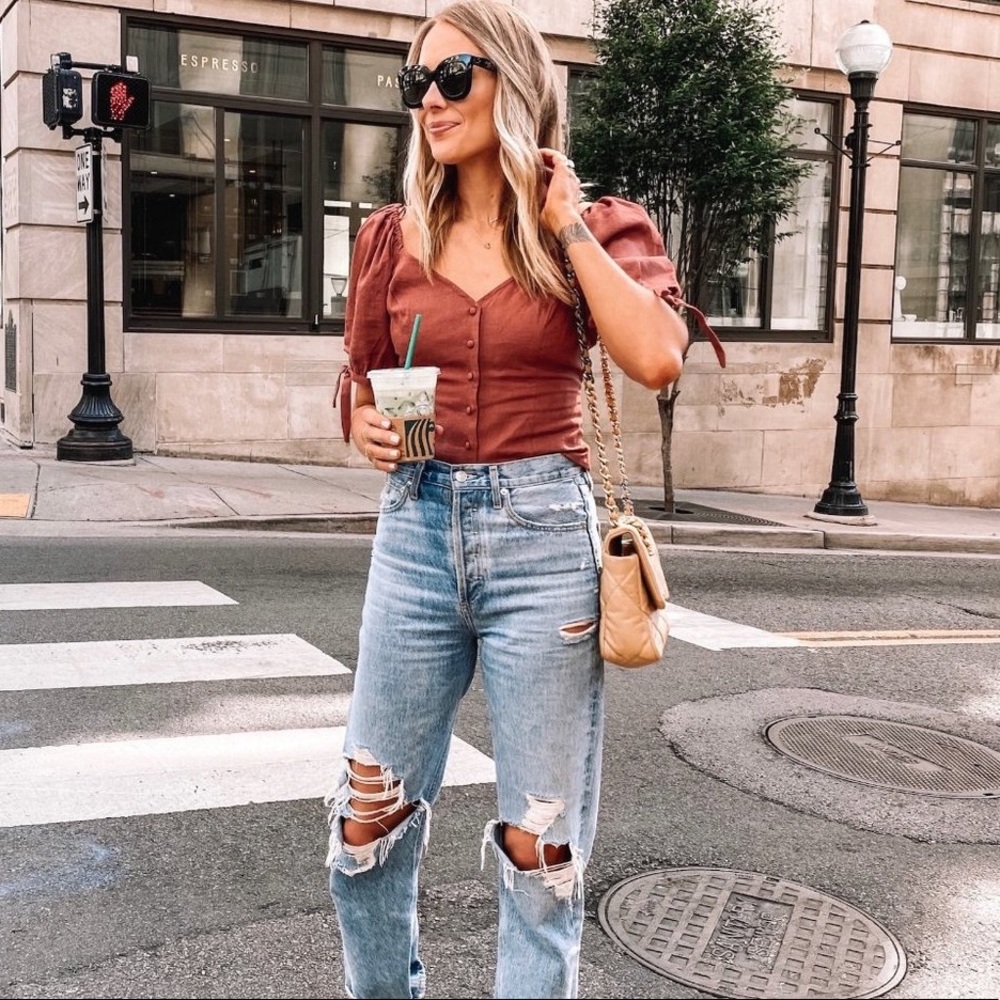 Express Linen-Blend Off the Shoulder Tie Sleeve Top